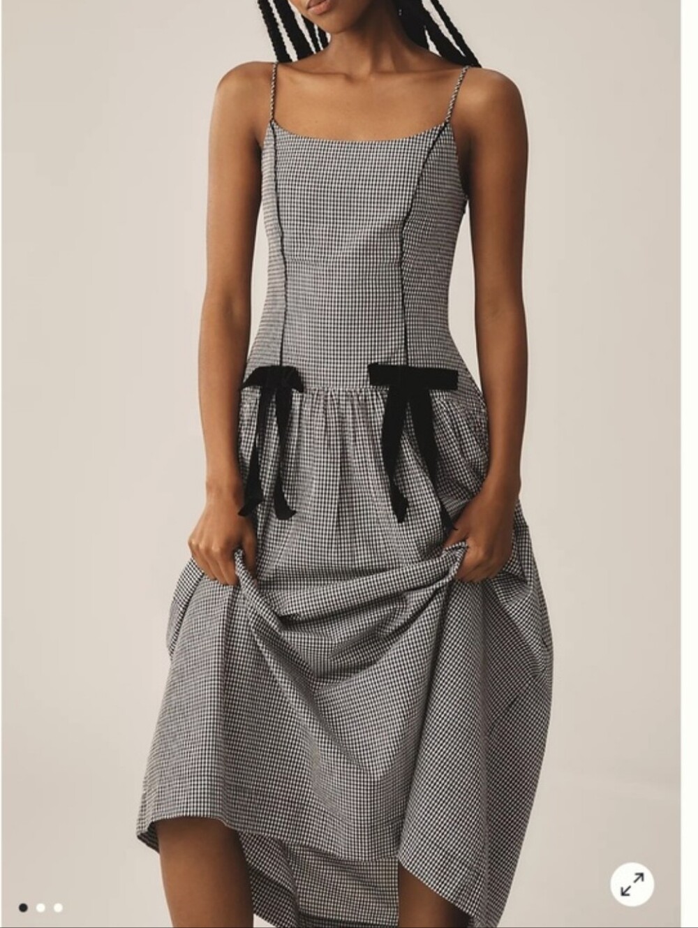 Gingham Midi Dress with Black Ribbon Ties - Women
